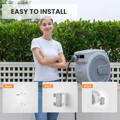 Giraffe Tools wall-mounted reel in garden showing tidy space-saving benefit