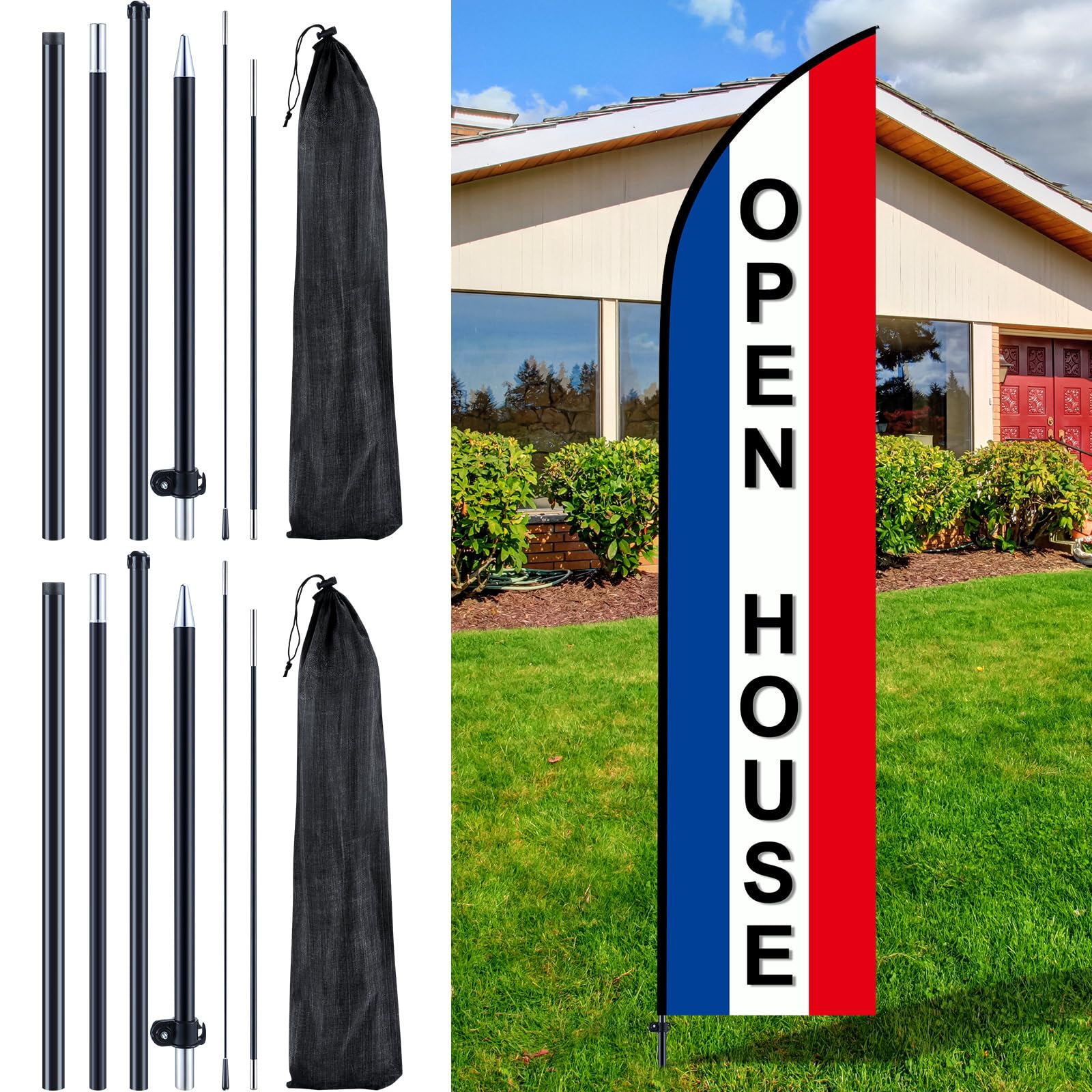 Gisafai flag poles front view showing assembled 7 ft swooper kit and visible advertising benefit