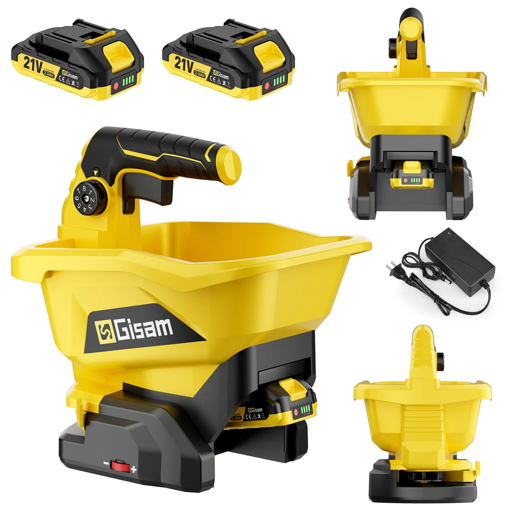 Gisam front view of handheld spreader showing controls and ergonomic grip, improves handling