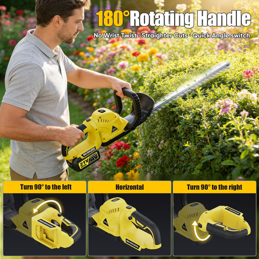 Gisam hedge trimmer in horizontal use cutting dense shrub for faster yard work