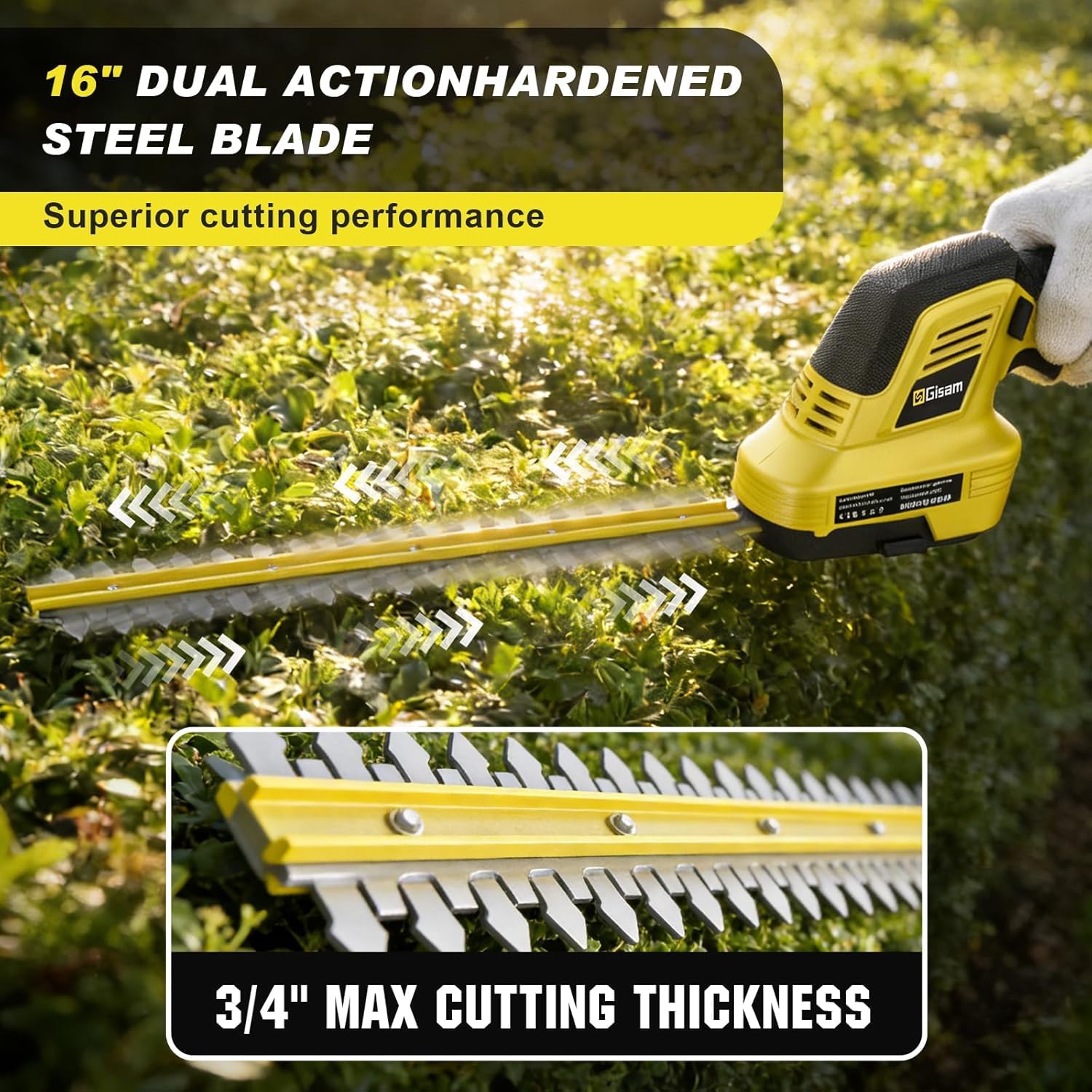 Gisam cordless trimmer in use cutting a tall hedge for ladder-free safety