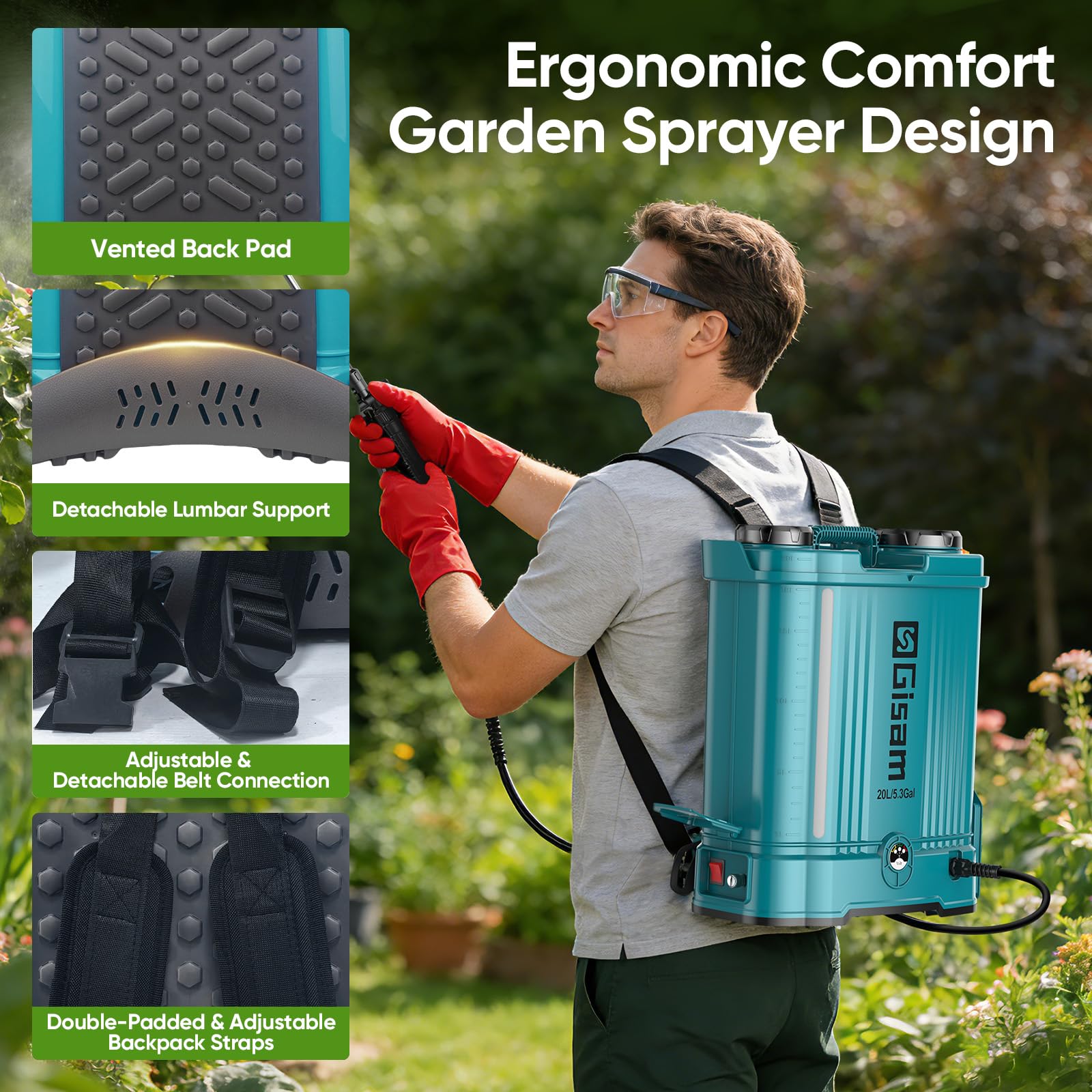 Gisam backpack sprayer worn by person to show scale and comfortable fit