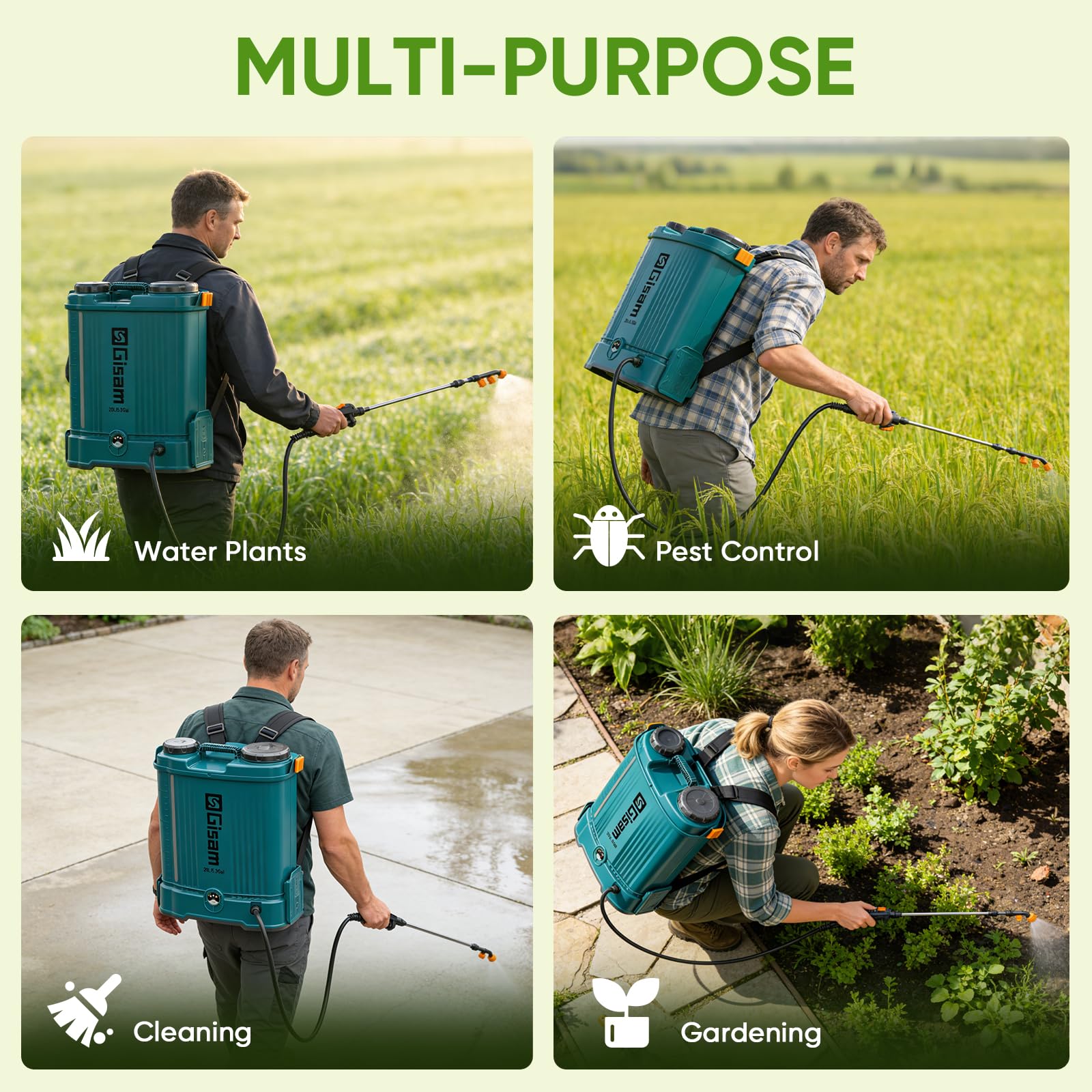 Gisam sprayer in use misting garden beds for efficient plant coverage
