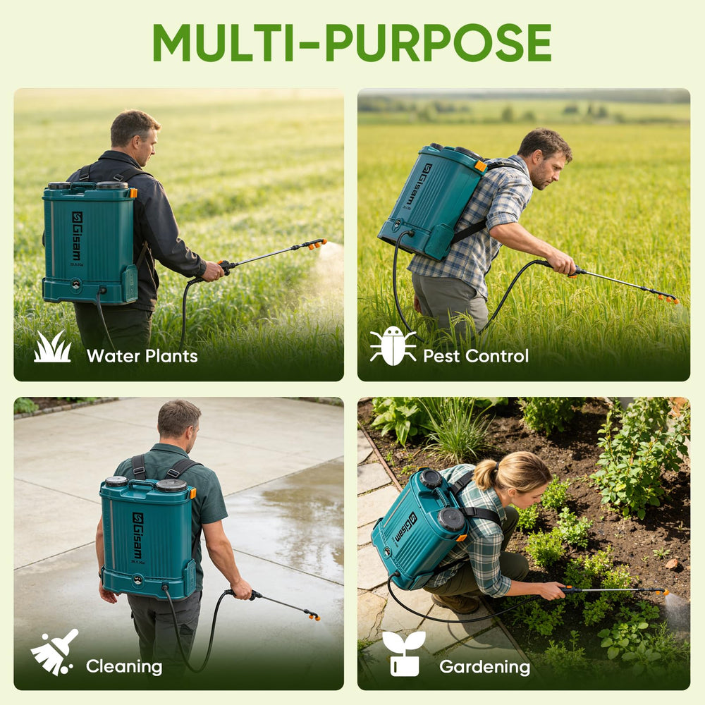 Gisam sprayer in use misting garden beds for efficient plant coverage