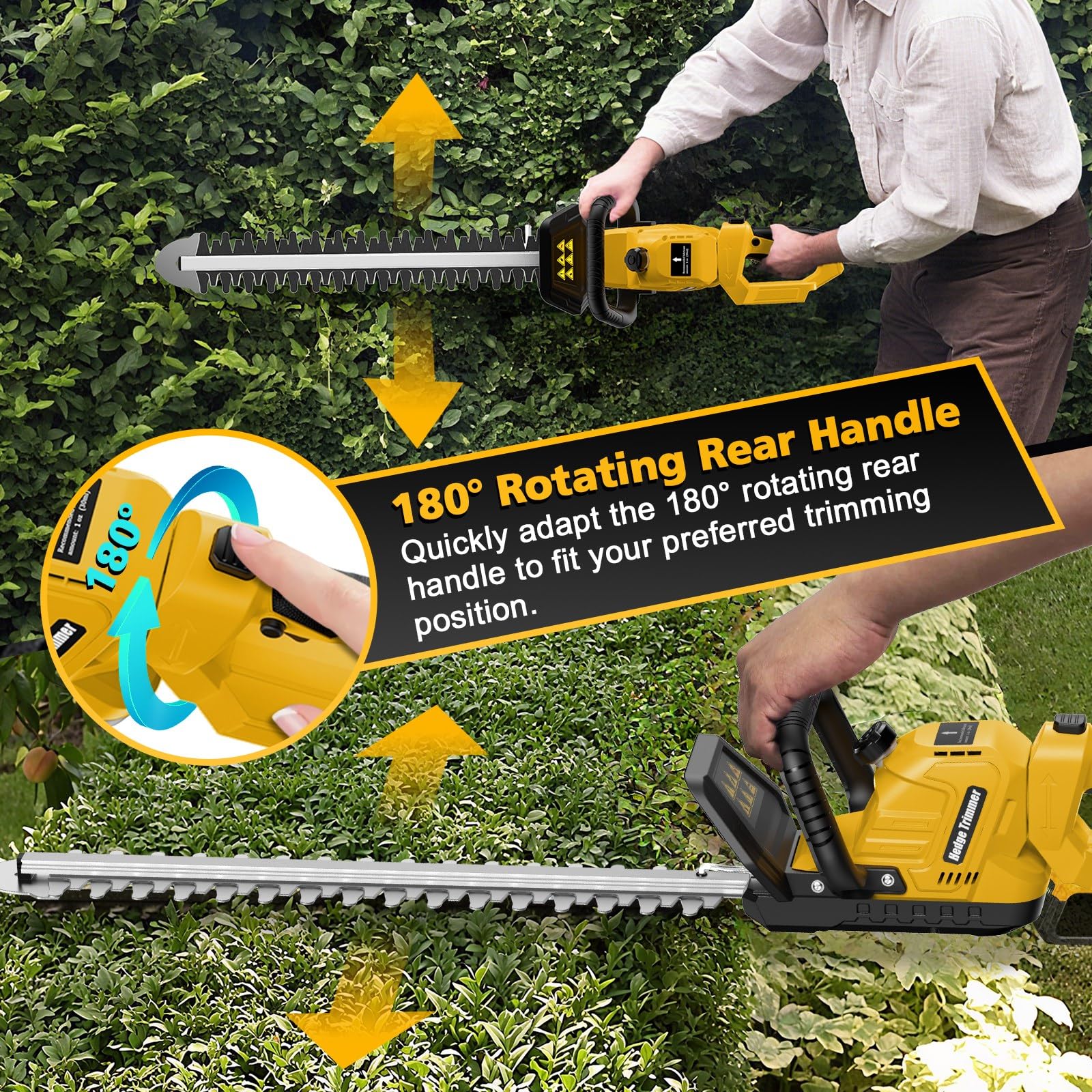 Givilo trimming hedge horizontally demonstrating comfortable control benefit