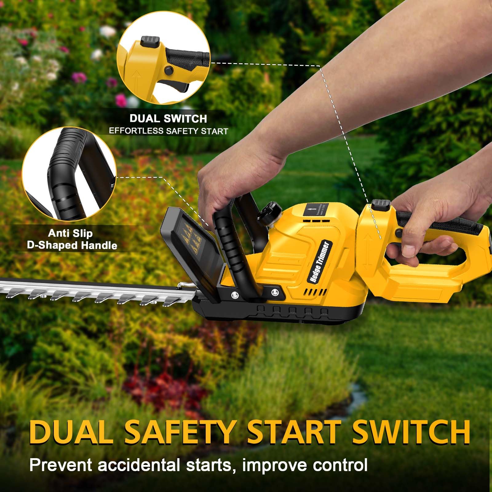 Givilo in-use trimming a hedge top demonstrating maneuverability and quiet operation