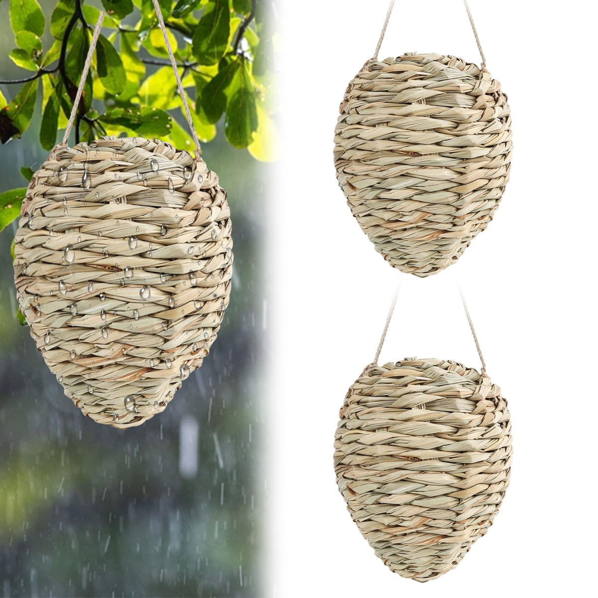 GJL front view of two large reed wasp nest decoys showing natural look and deterrence
