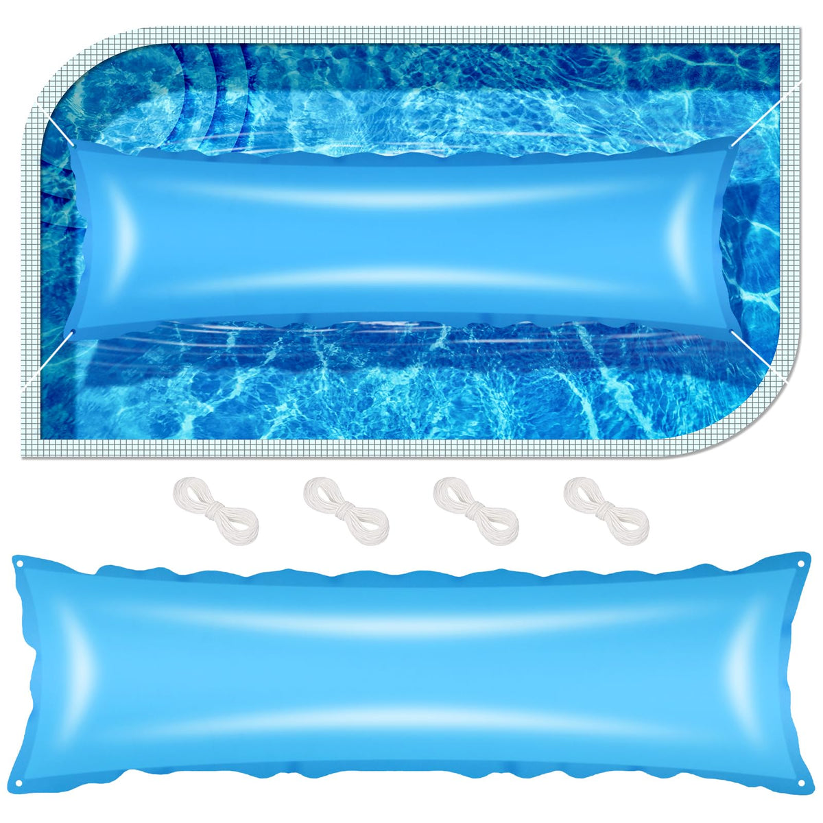 GJQ front view of 4x15Ft pool pillow showing shape and valve benefit winter protection