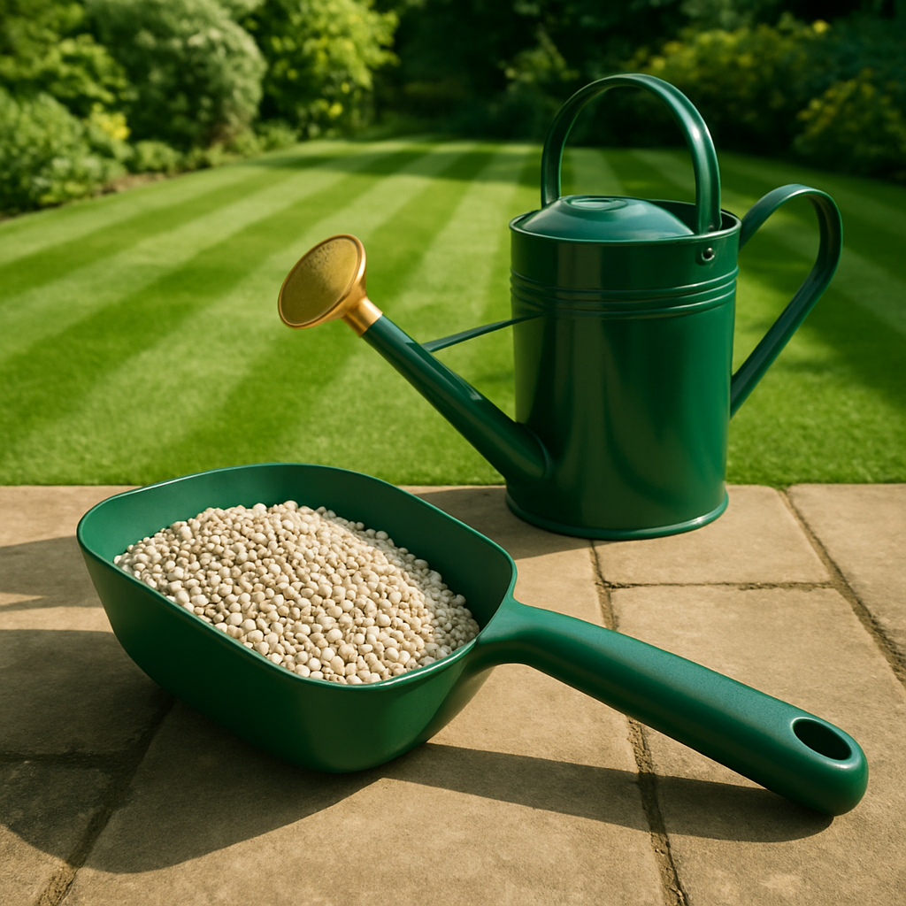 Lawn care collection — fertiliser scoop and striped lawn