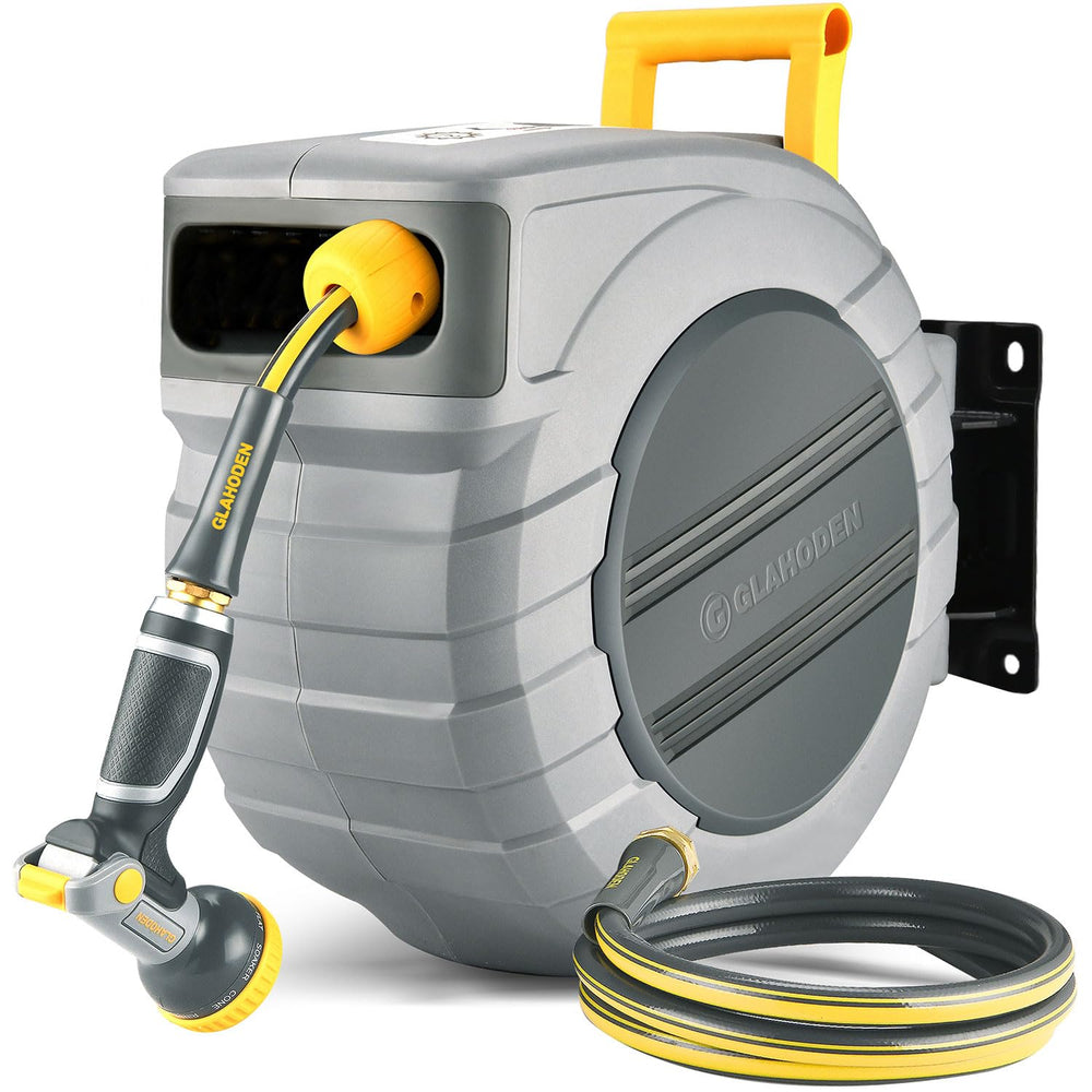 glahoden front view wall mounted reel showing durable metal mounting and neat hose storage
