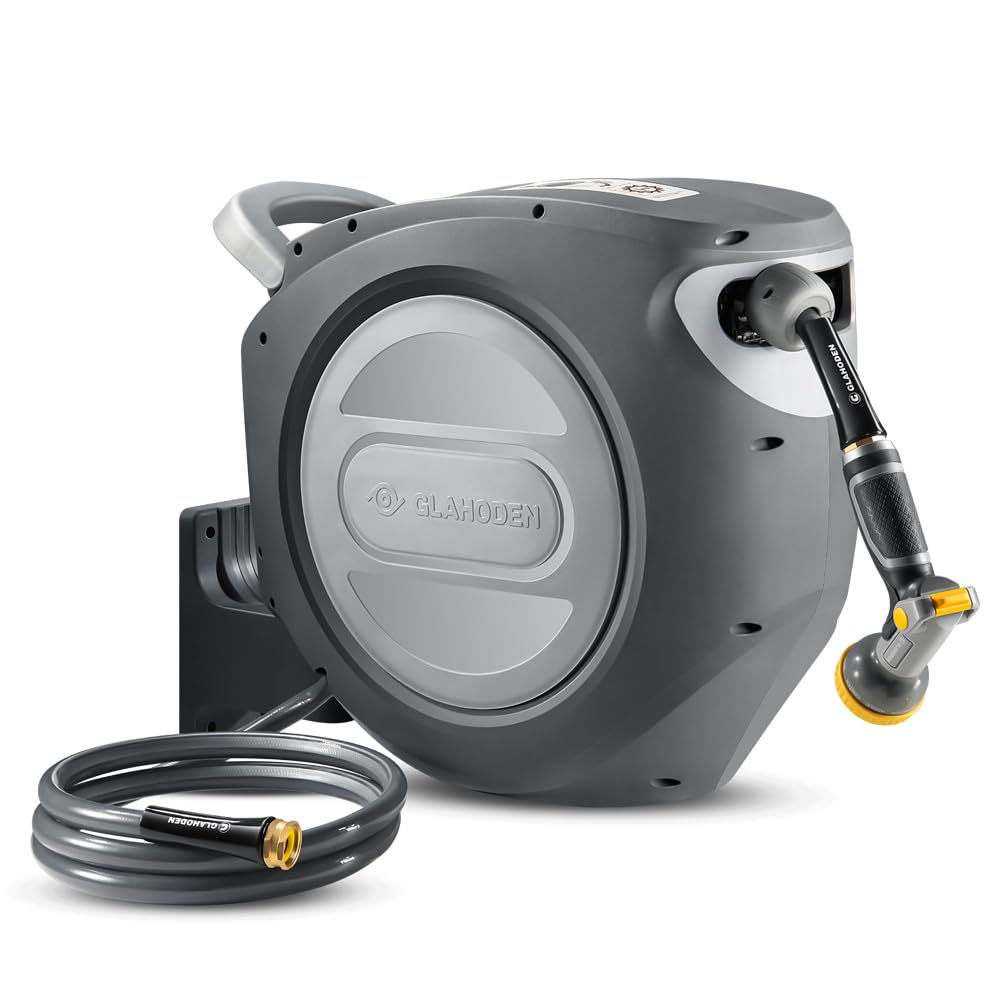 glahoden front view wall mounted reel showing compact storage and neat hose organization