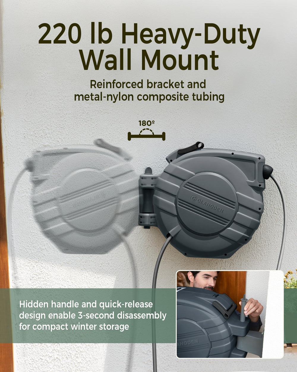 glahoden quick-release handle folded, easy winter storage benefit