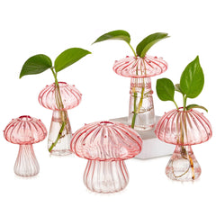 Glasseam front view of five pink mushroom propagation stations showing charming shapes and display benefit