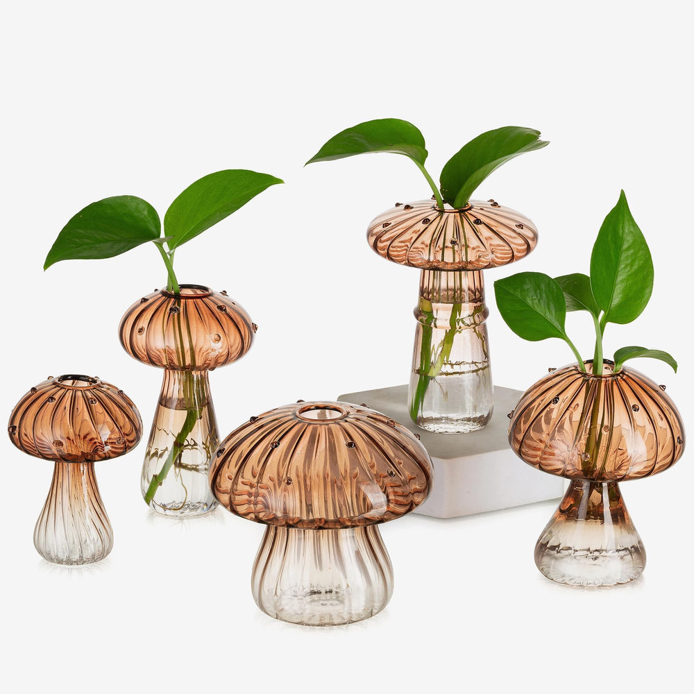 Glasseam amber mushroom jars front view showing set and decorative appeal