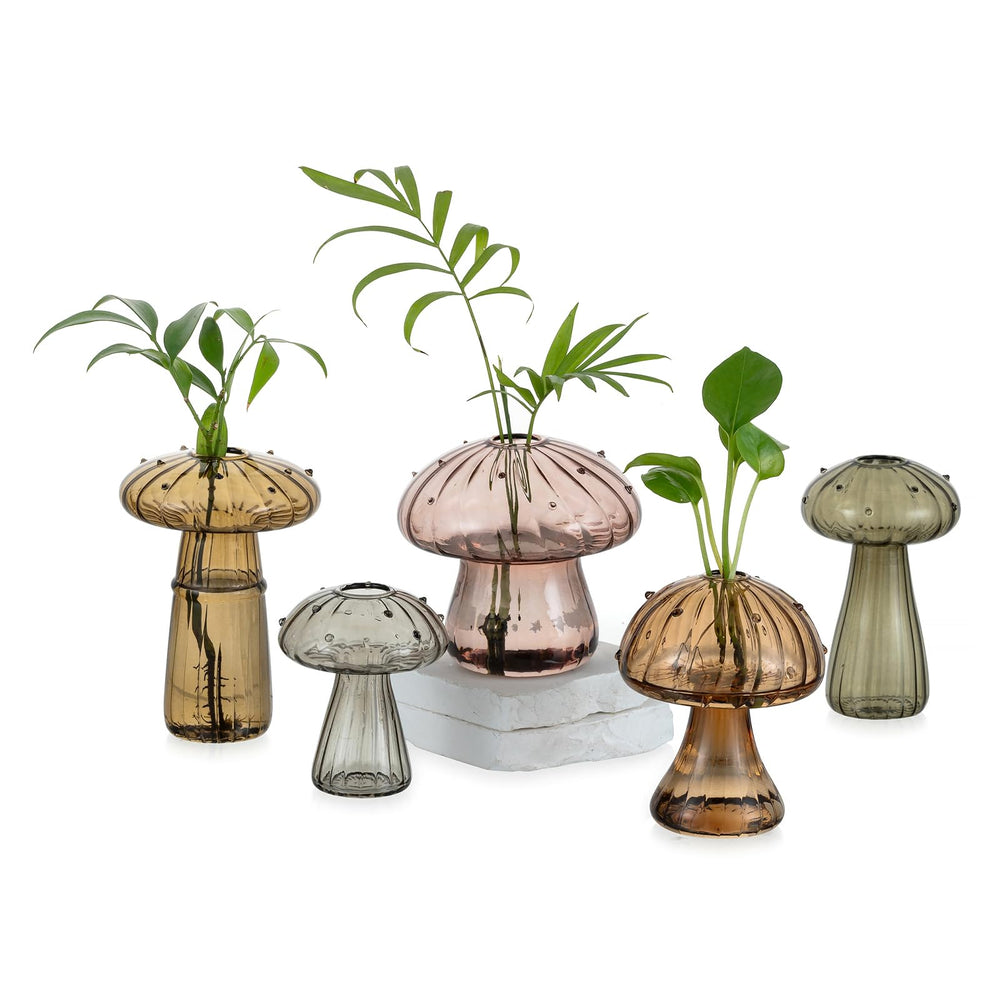Glasseam front display of five mushroom vases showing decorative variety and charm
