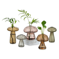 Glasseam front display of five mushroom vases showing decorative variety and charm