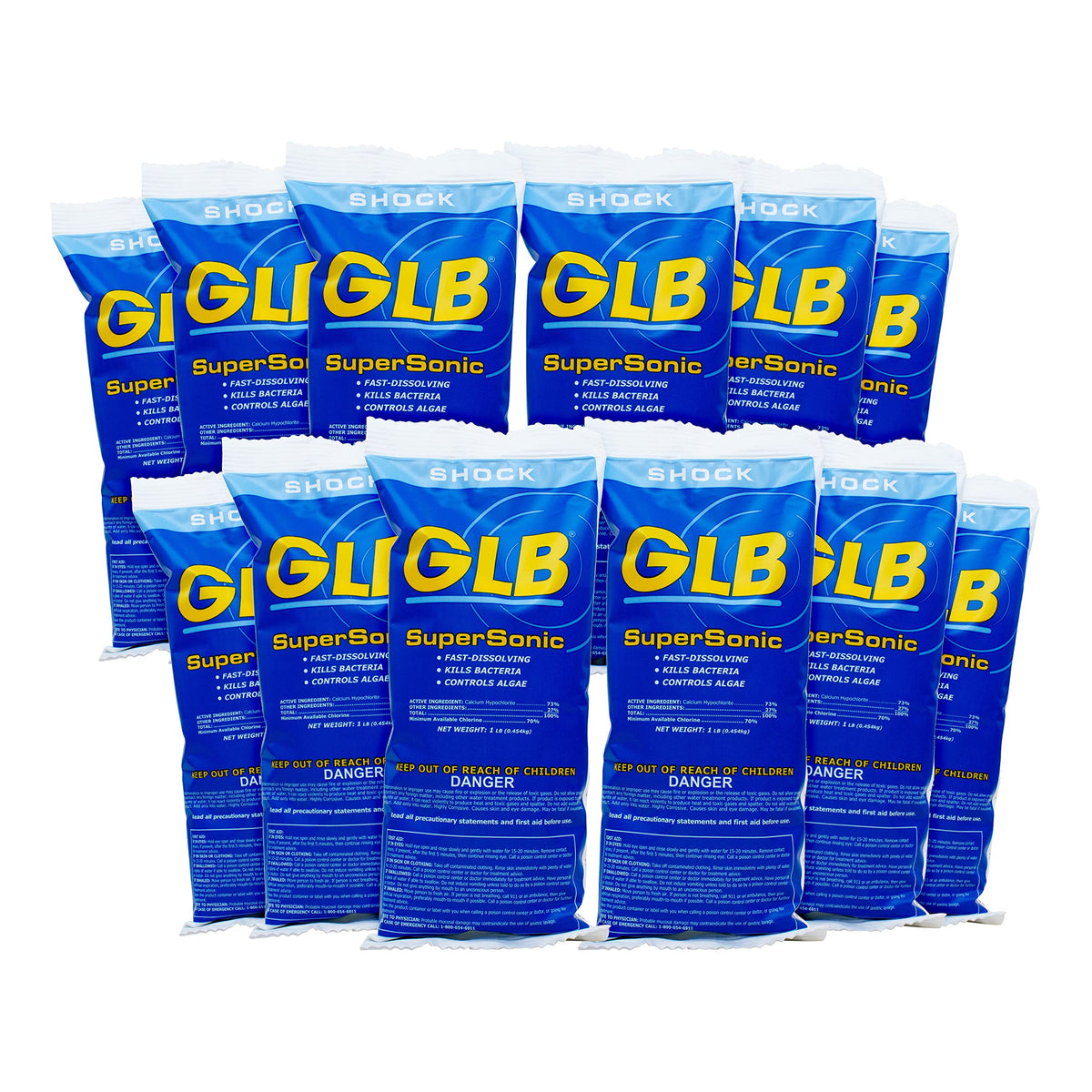 GLB Supersonic front pack showing 1-pound bag and clear dosing info for fast pool sanitation