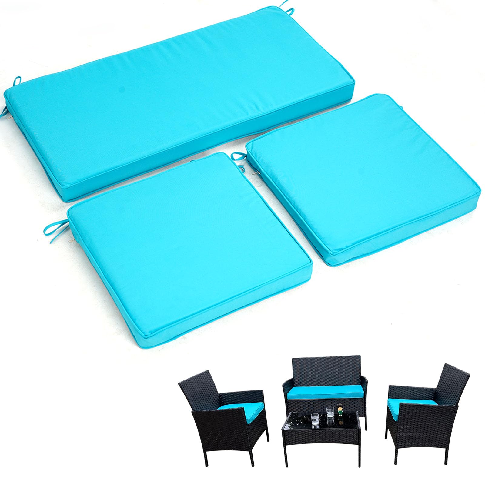 GleamFolly front view of three lake blue cushions showing fit and color