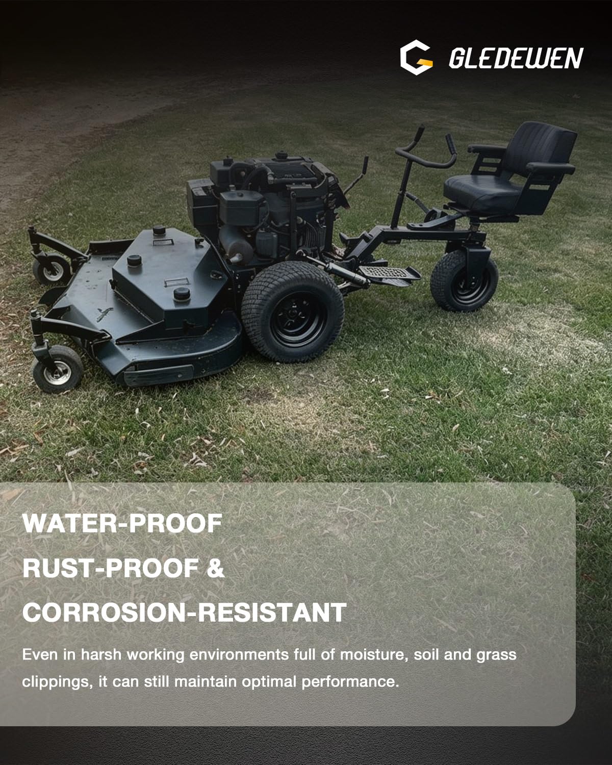 Gledewen pad on mower in field reducing deck wear during use