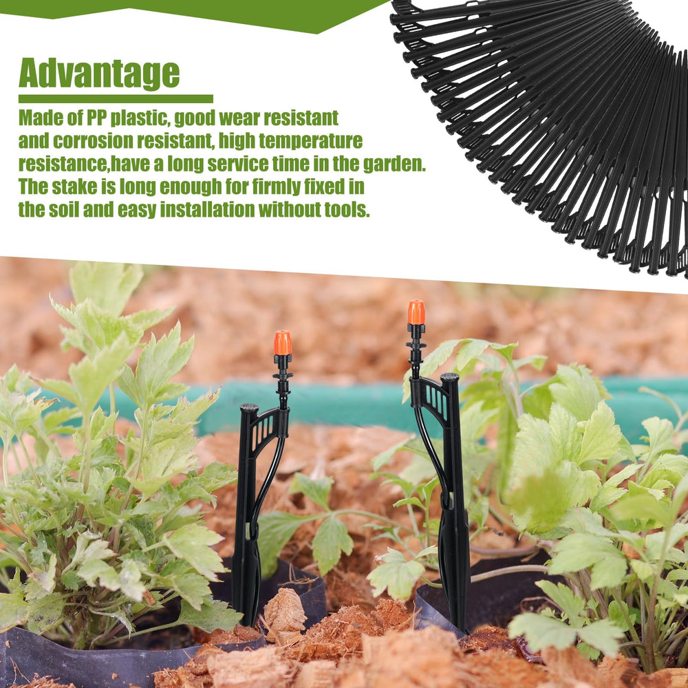 GlikCeil stakes installed in garden bed holding micro-sprinkler risers steady