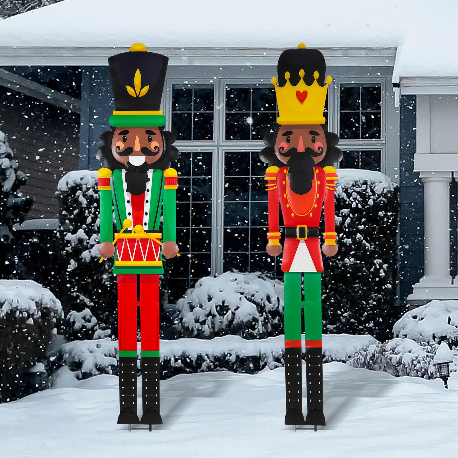 GlikCeil front view of 6ft nutcracker yard stake showing festive curb appeal