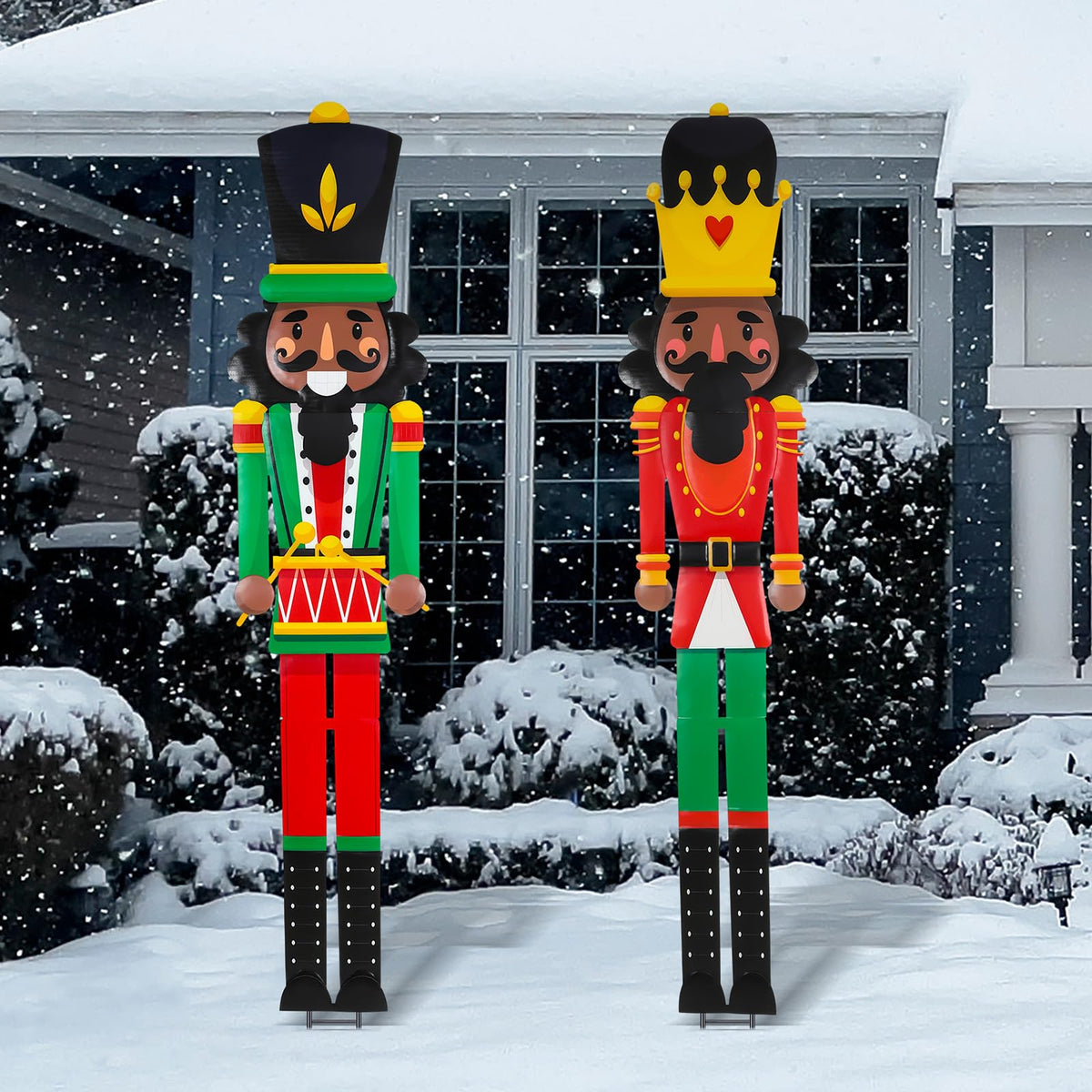 GlikCeil front view of 6ft nutcracker yard stake showing festive curb appeal