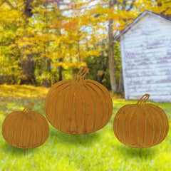 GlikCeil front view of three rustic pumpkin stakes showing autumn curb appeal