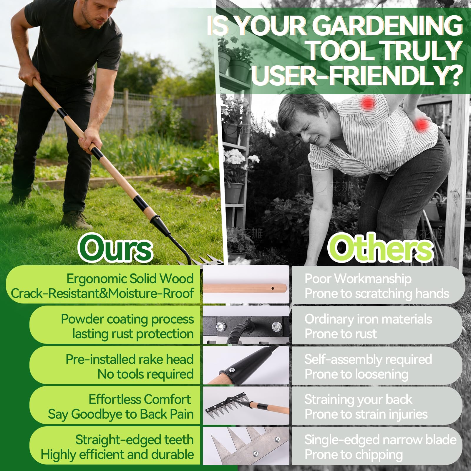 GlimHirVox rake in garden pulling weed roots for less regrowth