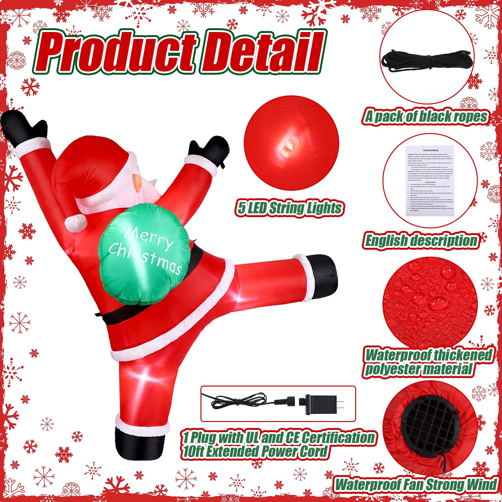 Glimin Santa lit at night with LEDs providing bright decorative illumination