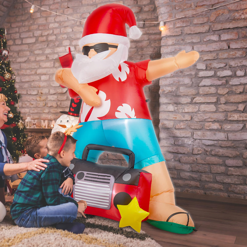 Glimin Hawaiian Santa in a yard at night enhancing festive outdoor décor