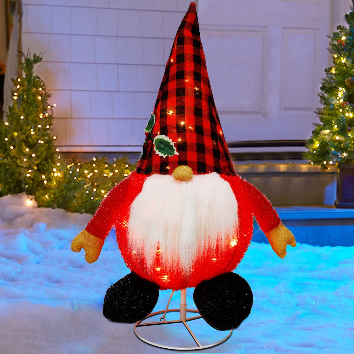 Glintoper front full view of 3ft lighted gnome showing festive plaid hat benefit: instant holiday focal point