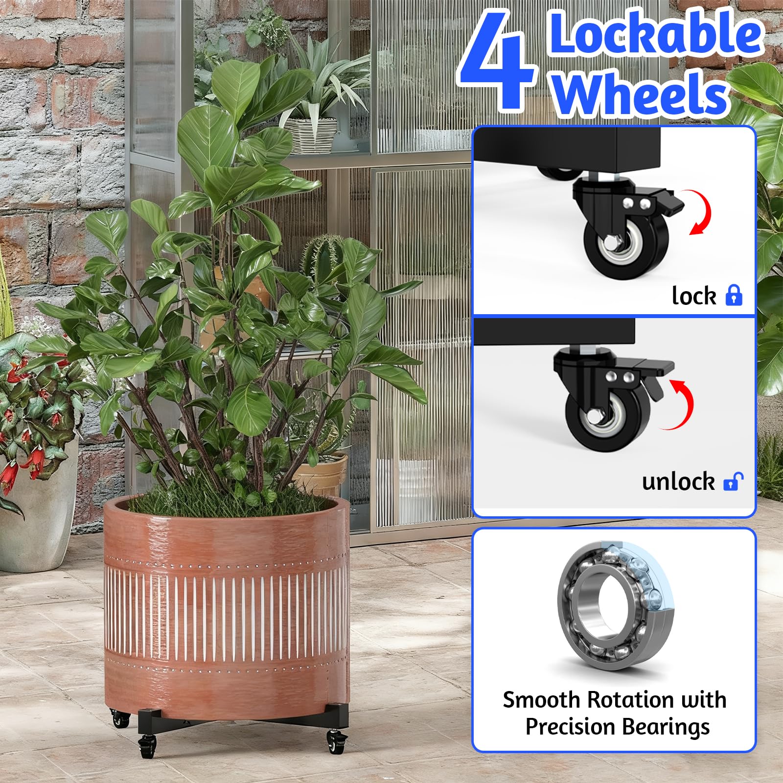 GLISWAM plant caddy in a living room moving a ceramic planter to protect floors — convenience benefit