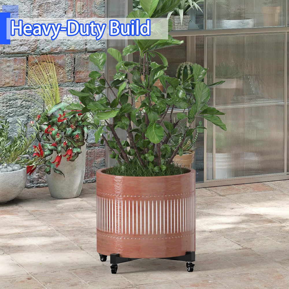 GLISWAM plant caddy in use on balcony showing weather-resistant outdoor convenience
