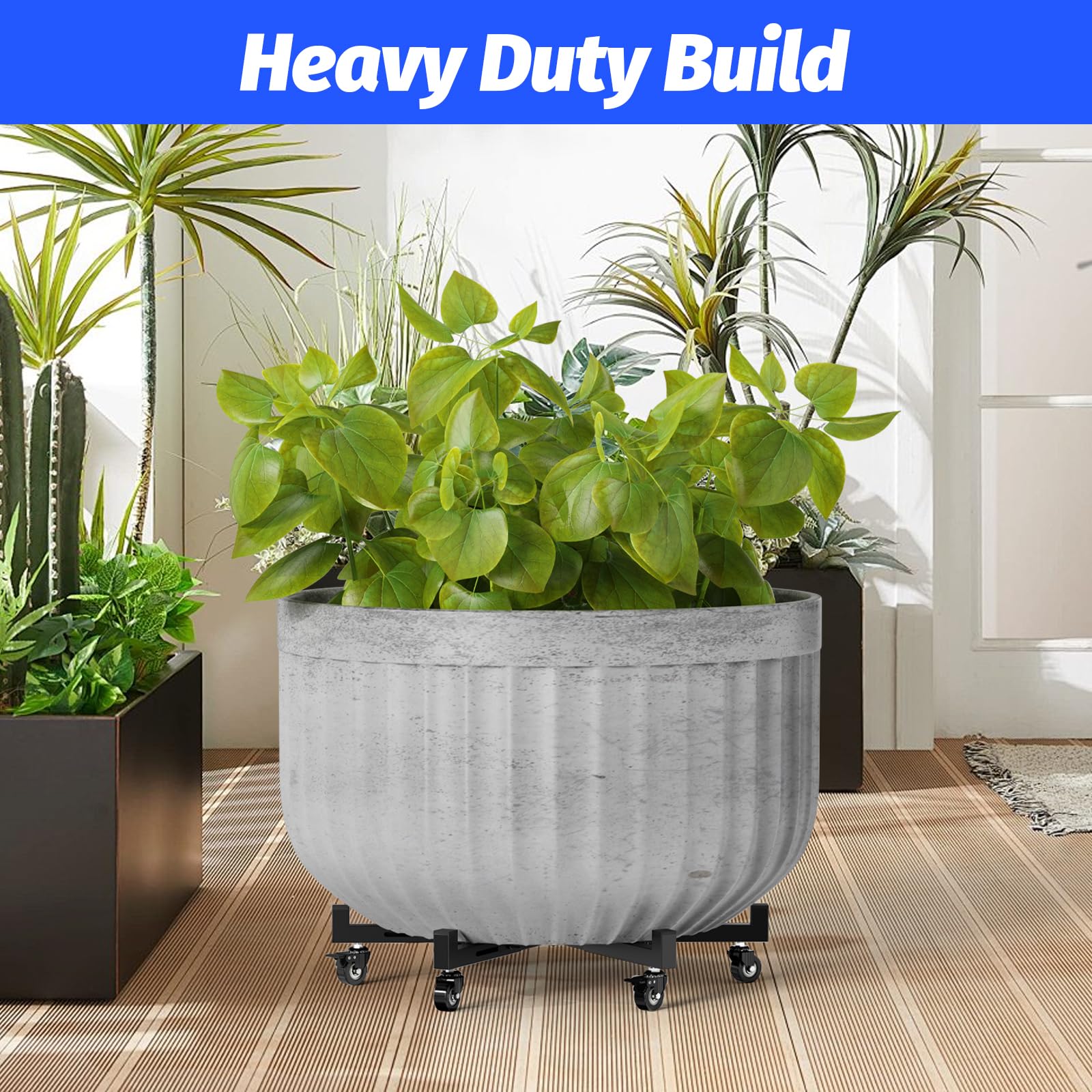 GLISWAM plant caddy with large planter on patio showing effortless mobility and protection