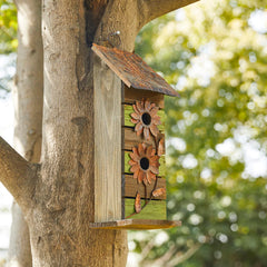 Glitzhome bird house close-up of 3D metal flowers adding visual interest