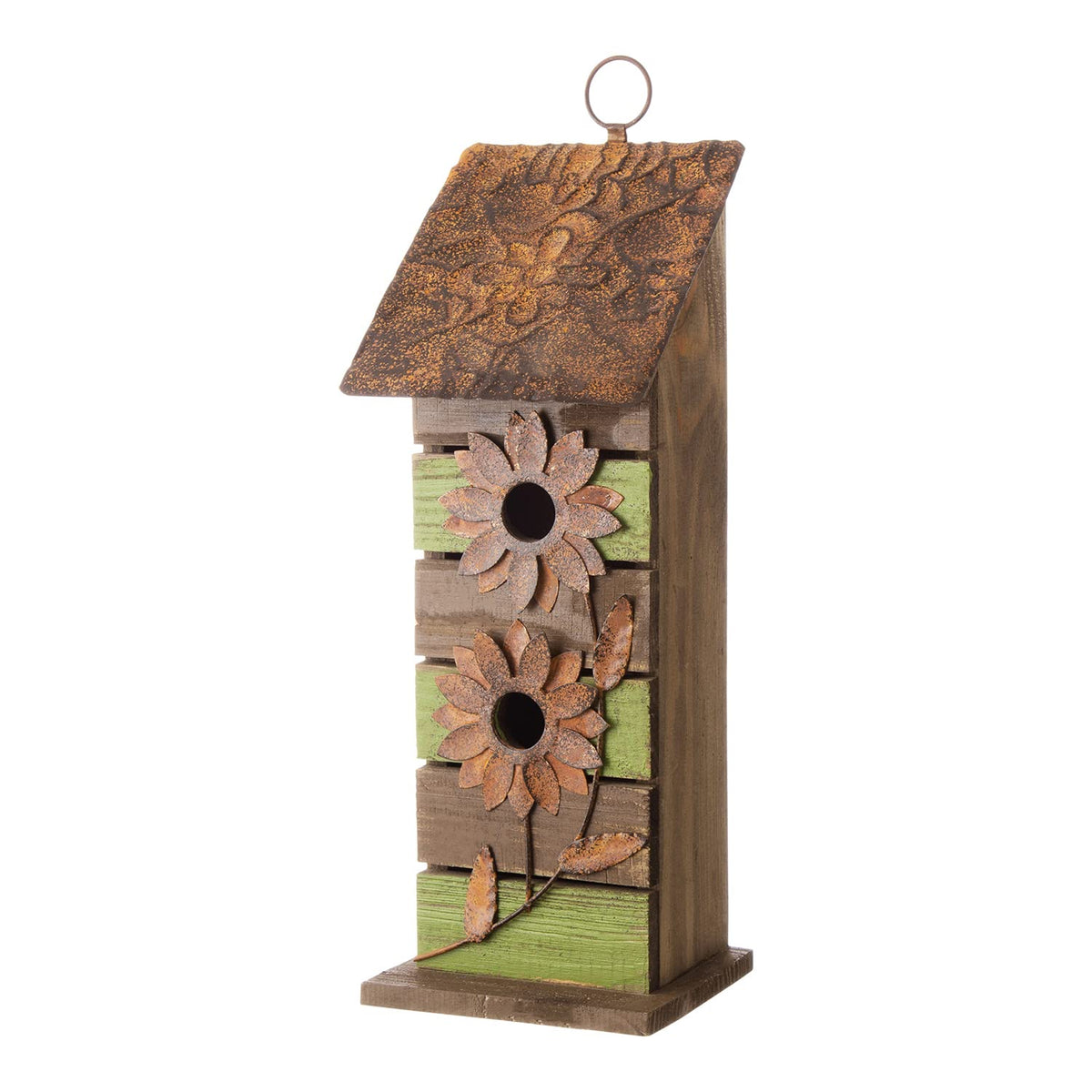Glitzhome bird house front view showing decorative flowers and rustic charm