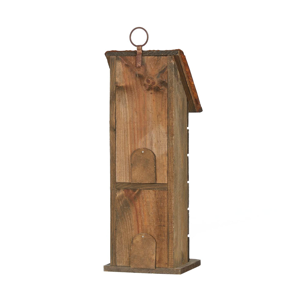 Glitzhome bird house held by hand to show compact scale and portability