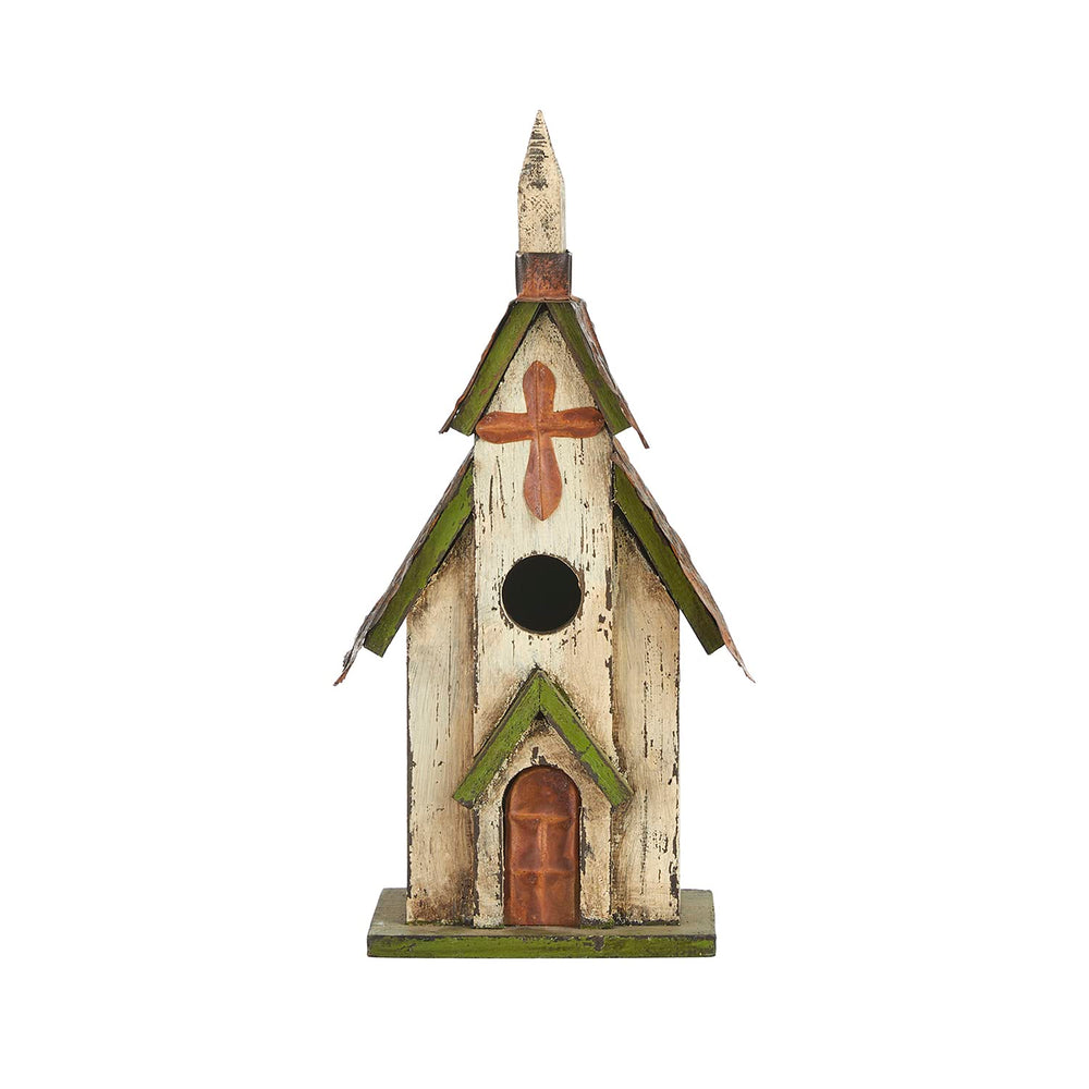 Glitzhome church birdhouse front view showing rustic charm and welcoming design