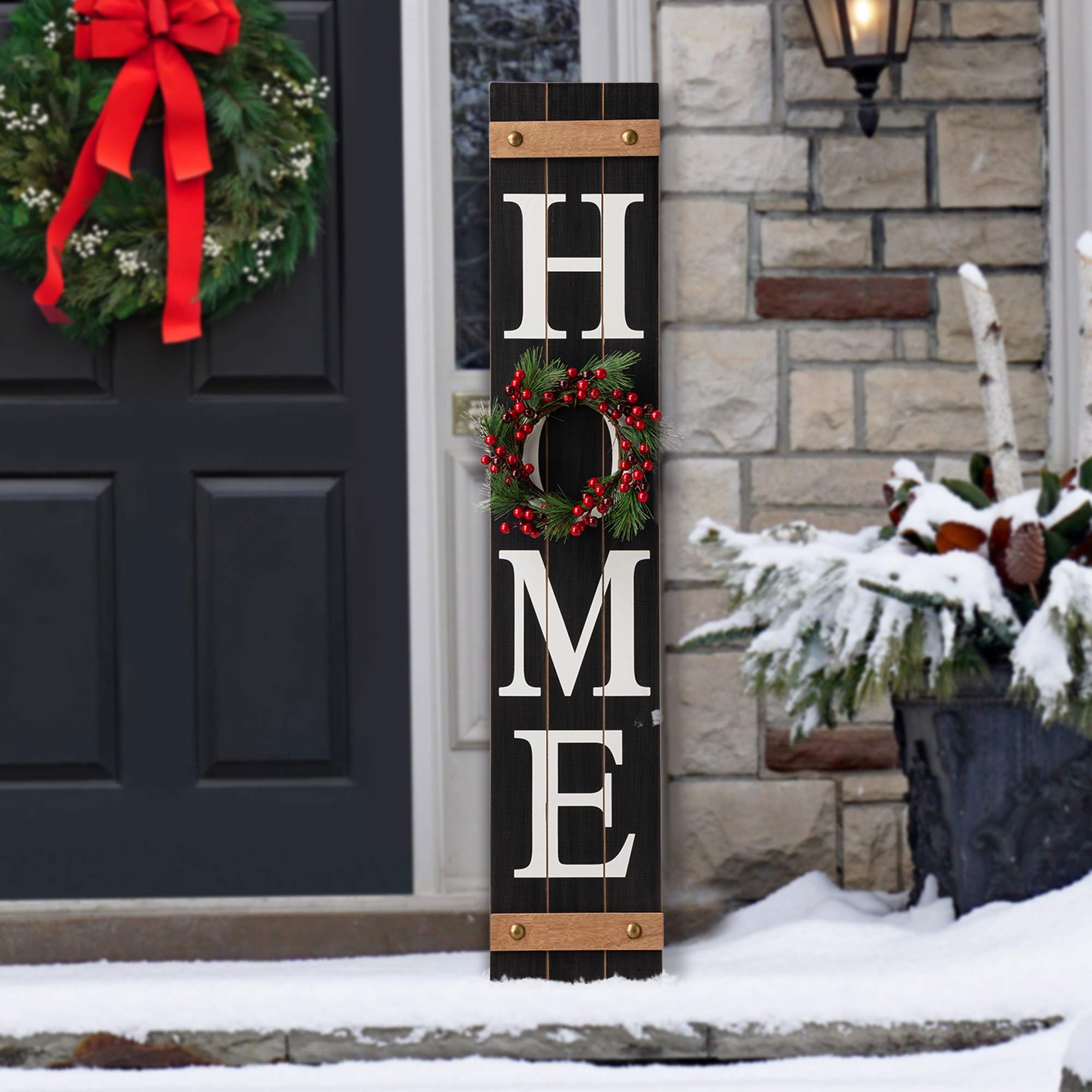 Glitzhome close-up of painted HOME lettering showing rustic wood texture
