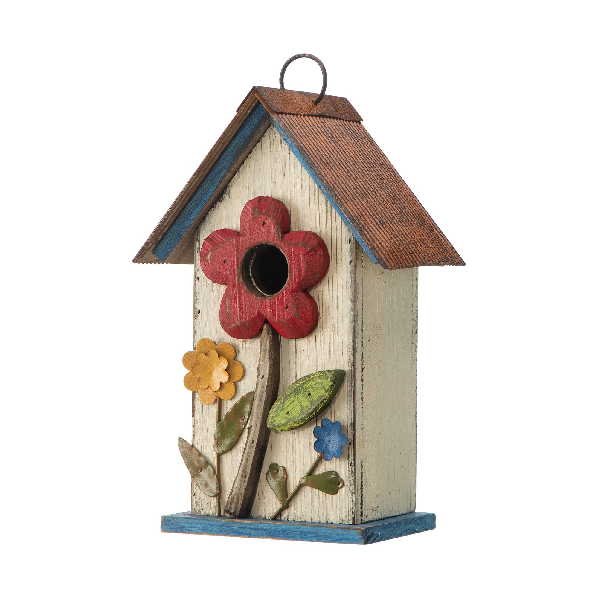 Glitzhome front view showing decorative birdhouse attracting birds