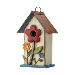 Glitzhome front view showing decorative birdhouse attracting birds