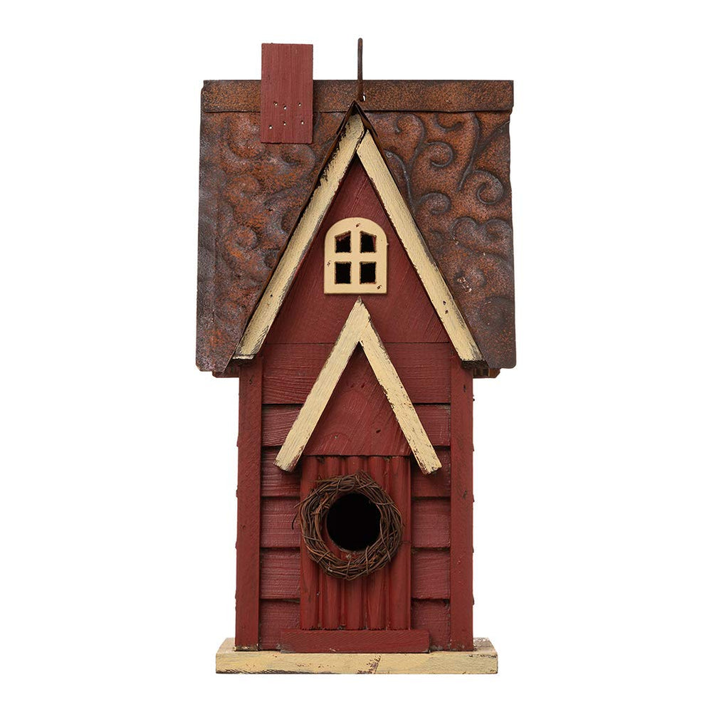 Glitzhome front view of distressed red and blue cottage bird house showing curb appeal