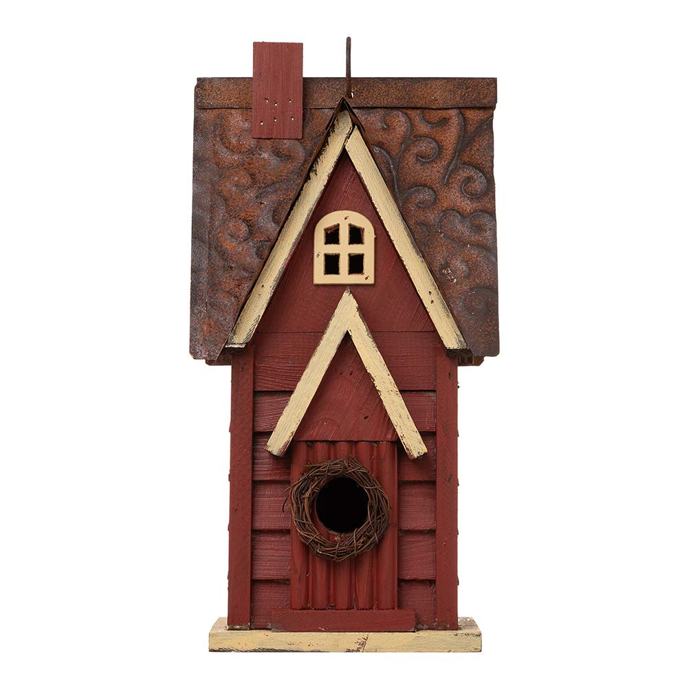Glitzhome front view of distressed red and blue cottage bird house showing curb appeal