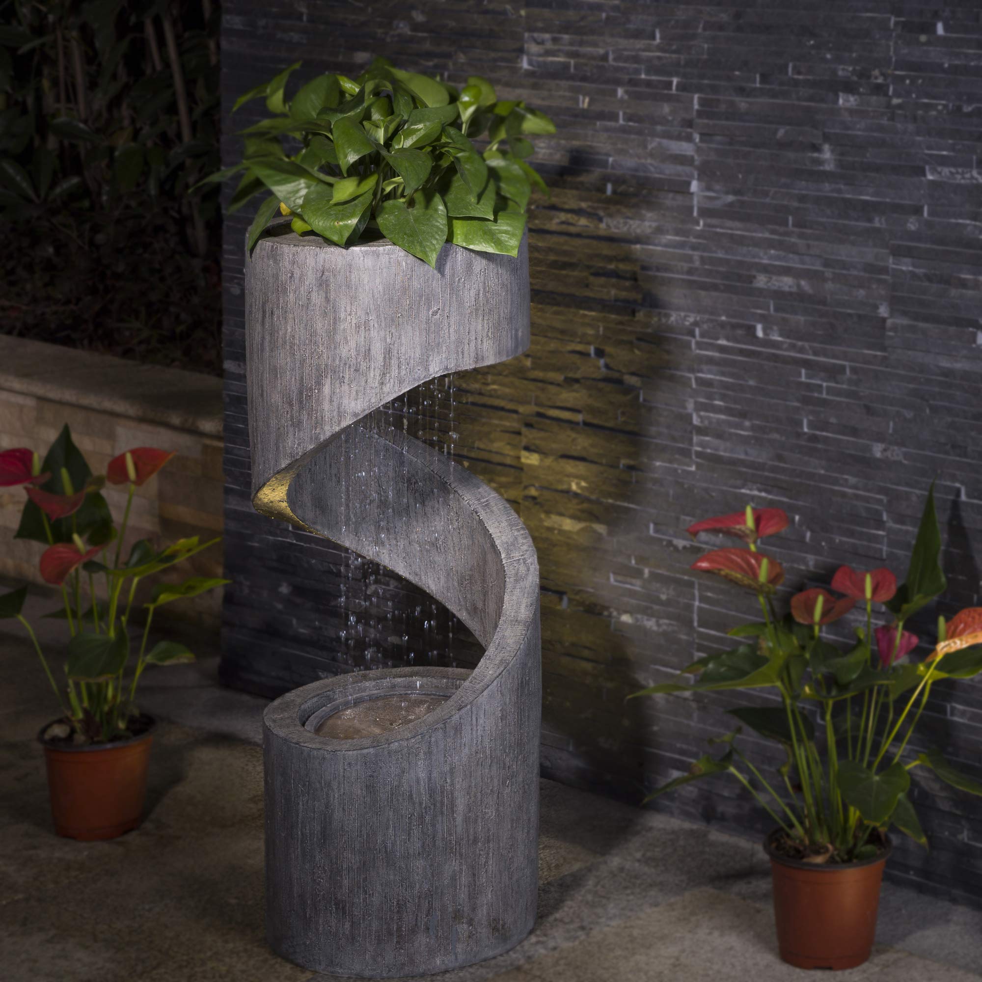 Glitzhome front view fountain showcasing curved waterfall and planter, adds peaceful ambiance