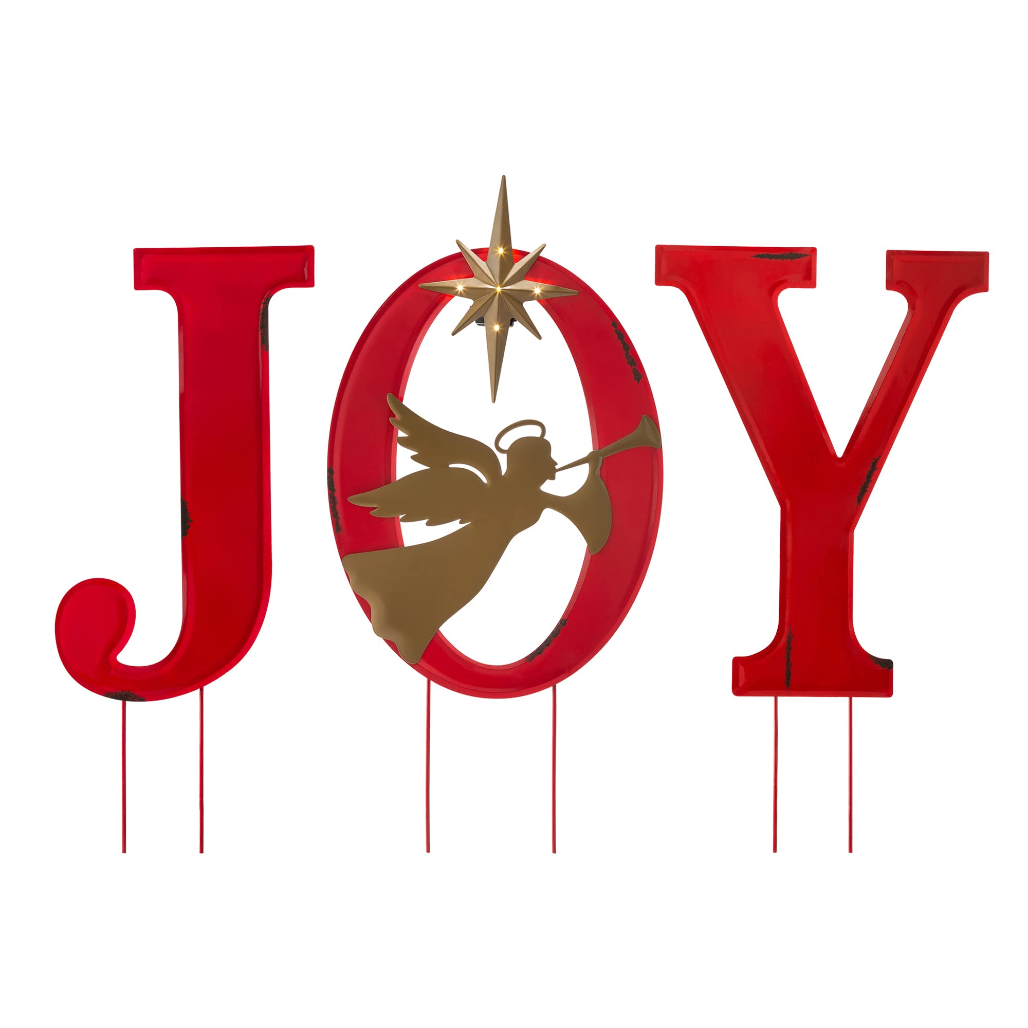 Glitzhome front view of JOY angel sign showing bold red letters and gold angel, high visibility