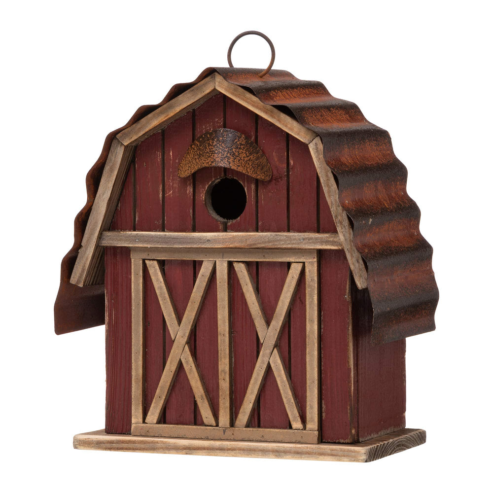 Glitzhome front view of red barn birdhouse adding farmhouse charm