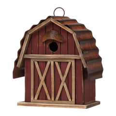 Glitzhome front view of red barn birdhouse adding farmhouse charm
