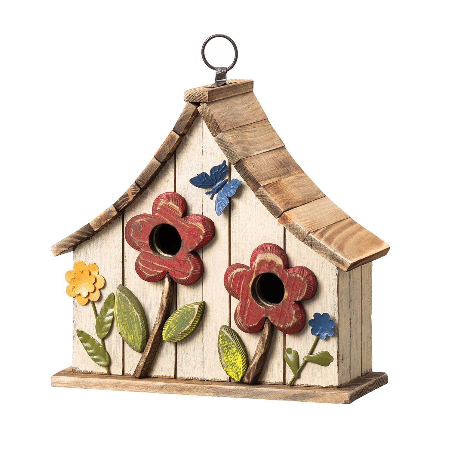 Glitzhome front view washed white birdhouse showing rustic charm and curb appeal