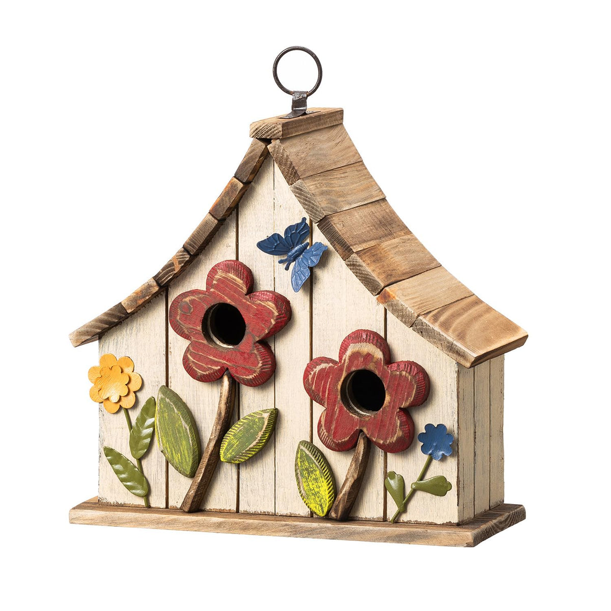 Glitzhome front view washed white birdhouse showing rustic charm and curb appeal