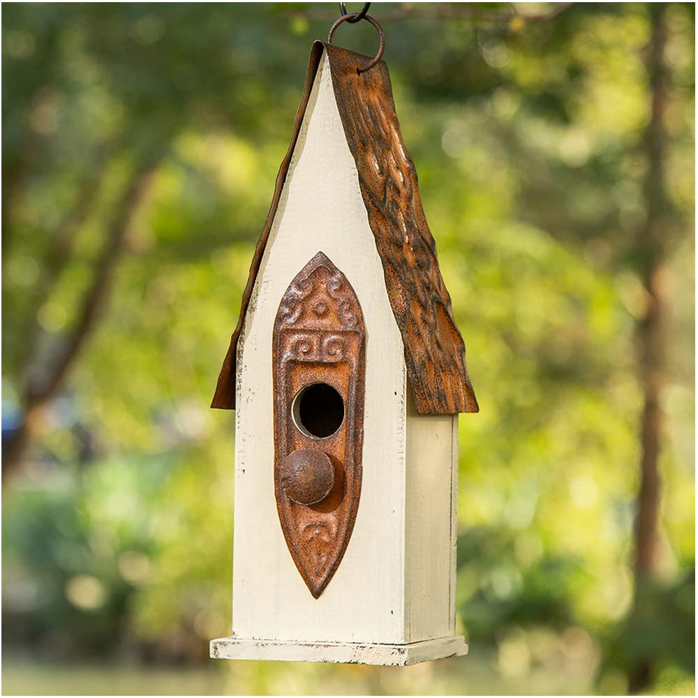 glitzhome front view washed white birdhouse showing classic rustic appeal